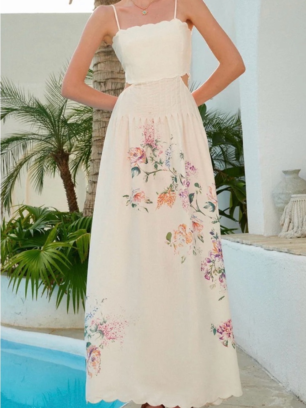 Commense- Women’s Cream Floral Maxi Dress with Cutout Waist